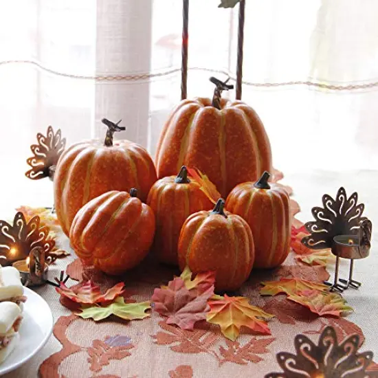Thanksgiving Decorations Artificial Pumpkins, Realistic Foam Yellow Pumpkin with 100 pcs Maple Leaves Made of Cloth, Fall Decorations for Home Kitchen Table Indoor Outdoor {4}
