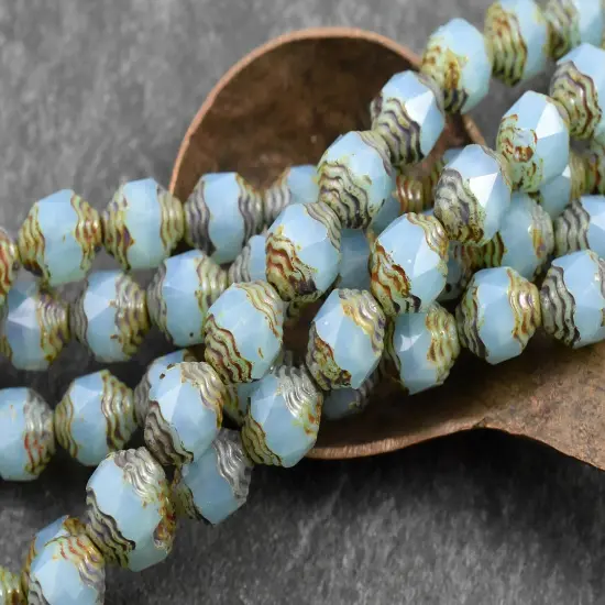 *15* 10x8mm Aqua Opaline Picasso Turbine Beads {1}
