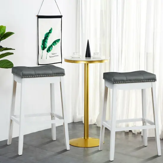 29 Inch Set of 2 Backless Bar Stools with Ergonomic Padded Saddle Seat and Wooden Legs White {2}