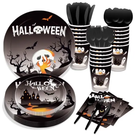 inQ Boutique Halloween Black Disposable Tableware Paper Plates - 68PCS Dinnerware Party Cutlery Kit {1}