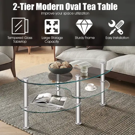 Tempered Glass Oval Side Coffee Table Transparent {1}