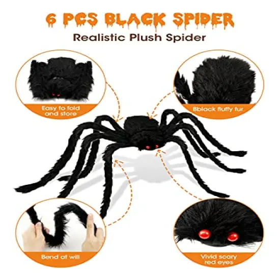 HOPOCO Halloween Plush Spiders Set (6 pcs Red Eyes Spider (47",35",30",24'',20",12") Sizes, Scary Fake Spider for Indoor Outdoor Halloween Decor for Home Party Yard Haunted House Decorations {4}