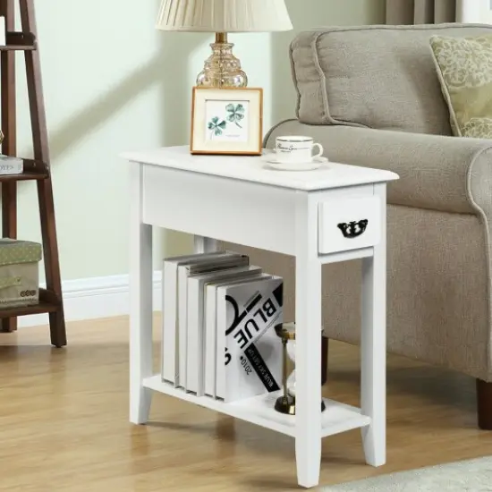 2 Tier End Bedside Sofa Side Table Narrow Nightstand-White {3}