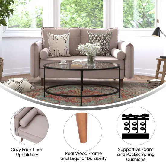 Emma and Oliver Carthage Upholstered Mid-Century Modern Pocket Spring Loveseat with Wooden Legs and Removable Back Cushions Taupe {2}