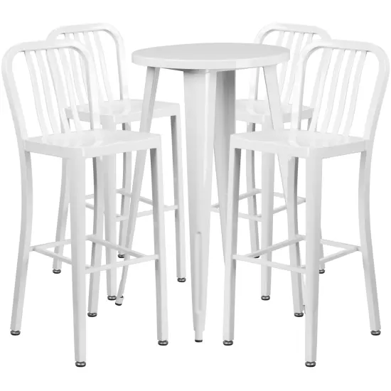 Merrick Lane Evelyne Outdoor Dining Set with 24" Round Table and Slatted Back Bar Stools with Footrests White {1}