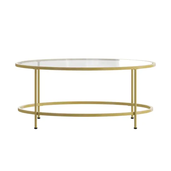 Merrick Lane Newbury Glass Coffee Table with Round Matte Gold Frame and Vertical Legs Clear/Brushed Gold {3}