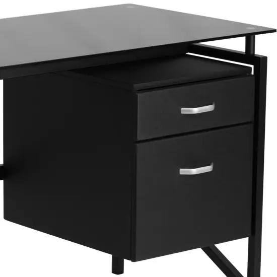 Emma and Oliver Two Drawer Pedestal Desk with Tempered Glass Top and Metal Frame Black {5}