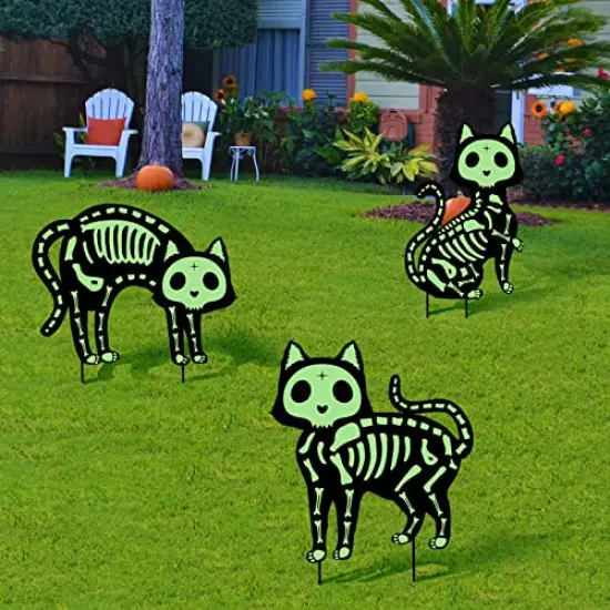 Outdoor Halloween Decorations Yard Signs - 5pcs Glow in the Dark Skeleton Black Cat Silhouette Lawn Signs with Stakes for Halloween Lawn Garden Front Yard Decorations Outside {3}