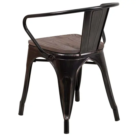 Emma and Oliver Metal Chair with Wood Seat and Arms Black-Antique Gold {4}