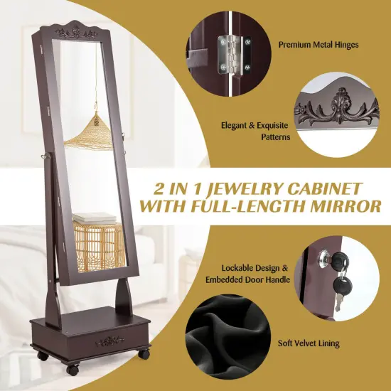 Rolling Floor Standing Mirrored Jewelry Armoire with Lock and Drawers Brown {4}
