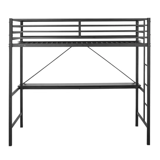 Emma and Oliver Jensen Metal Loft Bed Frame with Desk, Protective Guard Rails and Ladder for Kids, Teens and Adults Black {3}