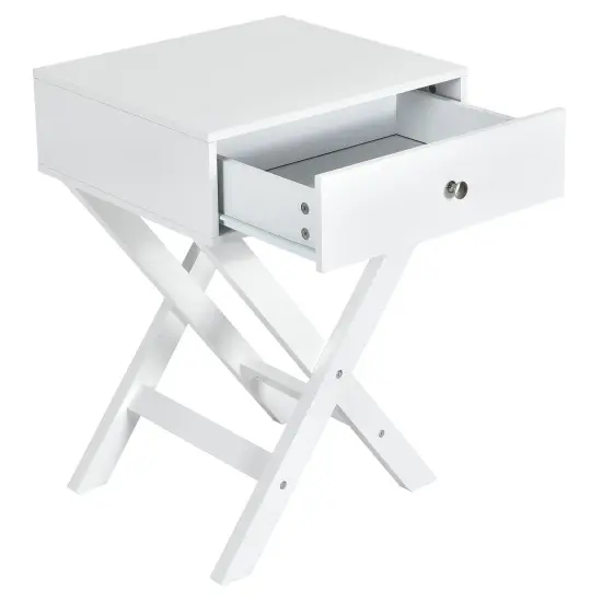X Shaped Base Side Nightstand with 1 Drawer Perfect for Place to Plant and Photo Frame or Any Decorative Item White {1}