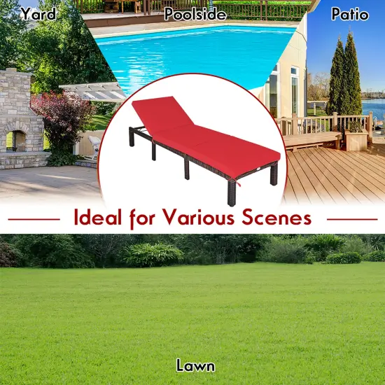 Costway 2PCS Outdoor Rattan Lounge Chair Chaise Recliner Adjustable Cushioned Turquoise\Red {6}