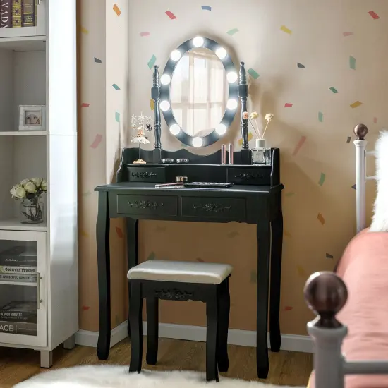 Makeup Dressing Table with Touch Switch Lighted Mirror and Cushioned Stool Black {2}