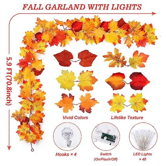 2 Pack Fall Decor Maple Leaves Garland with Lights Battery Operated Fall Thanksgiving Decorations Garland for Home Porch Front Door Table Mantle Outdoor Autumn Harvest Halloween Decor, 11.8Ft 40LED {5}