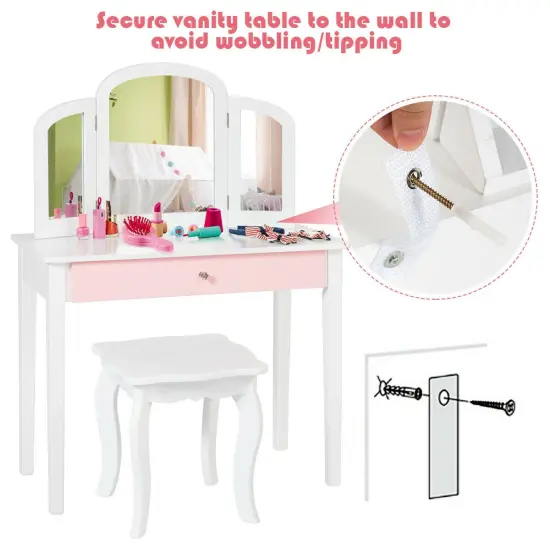 Kids Princess Make Up Dressing Table with Tri-folding Mirror and Chair White {5}