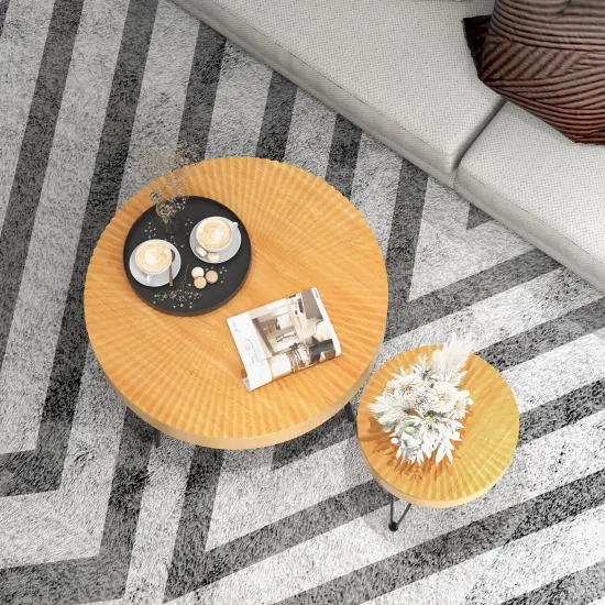 Set of 2 Solid Wood Farmhouse Round Coffee Tables Radial Pattern {3}