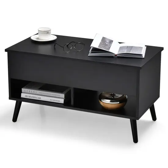 Lift Top Coffee Table with Hidden Compartment and 2 Storage Shelves Black {4}