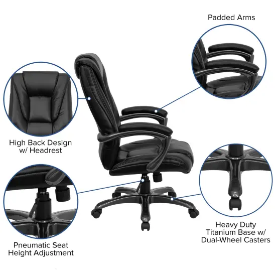 Emma and Oliver High Back Leather Layered Upholstered Executive Swivel Ergonomic Office Chair with Smoke Metal Base and Padded Arms Black {2}