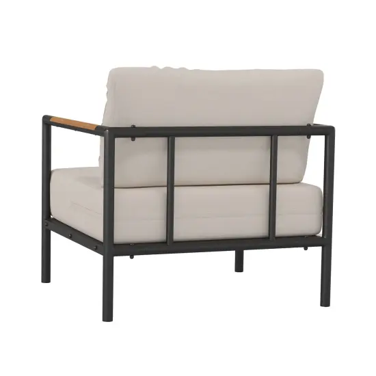 Merrick Lane Eastport Outdoor Accent Chair with Removable Plush Fabric Cushions and Teak Accented Aluminum Frame Light Gray {4}
