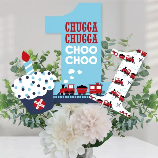 Big Dot of Happiness 1st Birthday Railroad Party Crossing - Steam Train First Birthday Party Centerpiece Sticks - Table Toppers - Set of 15 {1}