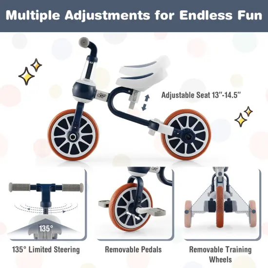 4-in-1 Kids Trike Bike with Parental Control Handlebar and 4 Level Adjustable Height Navy {4}