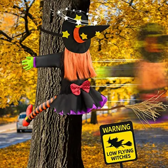 Crashing Witch Decor, Halloween Decorations Clearance Outdoor Witch Props Ornaments, Hanging into Tree/Porch Pole/Door/Indoor/Yard, with Adjustable Band, Outside Garden Funny Witches Flying Crashed {1}
