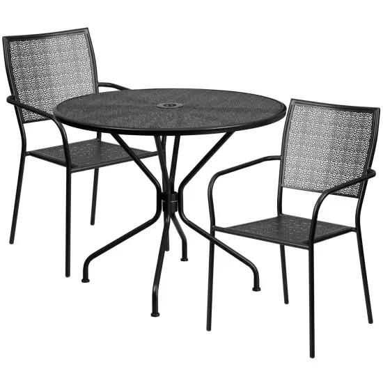 Emma and Oliver Commercial Grade 35.25" Round Metal Garden Patio Table Set, 2 Square Back Chairs Black {1}