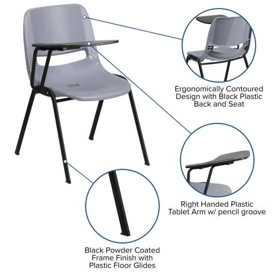 Emma and Oliver Ergonomic Shell Chair with Right Handed Flip-Up Tablet - Tablet Arm Desk Gray {3}