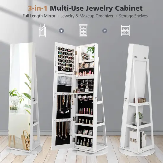 360 Degree Full Length Mirror Jewelry Armoire Cabinet with 3-Color LED Lights and Lockable Door White {3}