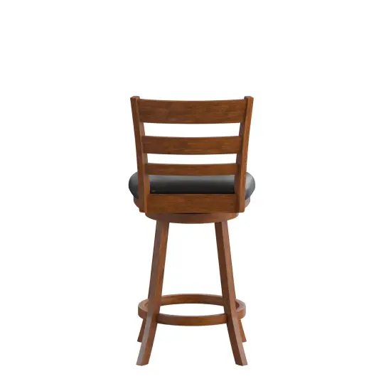 Merrick Lane Silla 24" Classic Wooden Ladderback Swivel Counter Height Stool with Upholstered Padded Seat and Integrated Footrest Antique Oak/Black {4}