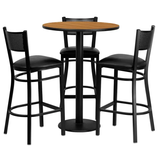 Emma and Oliver 30" Round Laminate Table Set with 3 Grid Back Metal Barstools Mahogany {3}
