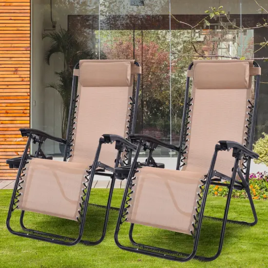 Costway 2PCS Zero Gravity Chairs Lounge Patio Folding Recliner Beige W/Cup Holder {3}