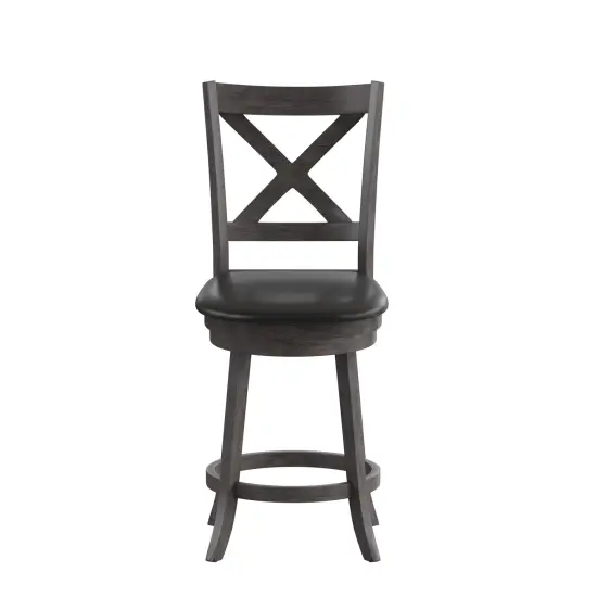 Merrick Lane Sora 24" Classic Wooden Crossback Swivel Counter Height Pub Stool with Upholstered Padded Seat and Integrated Footrest Antique Oak/Black {8}