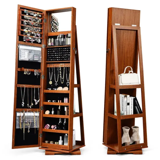360&deg; Rotatable Armoire 2-in-1 Lockable Mirrored Jewelry Cabinet Brown {1}