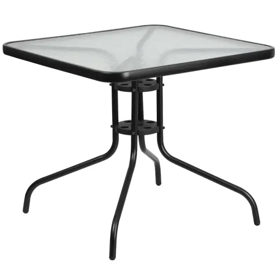 Emma and Oliver 31.5" Square Tempered Glass Metal Table with Smooth Ripple Design Top Clear/Black {1}
