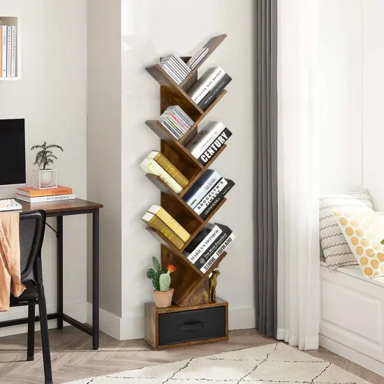 10-tier Tree Bookshelf with Drawer Free-standing Storage Bookcase Rustic Brown {1}