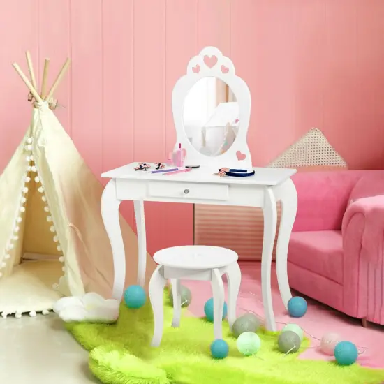 Kids Princess Makeup Dressing Play Table Set with Mirror White {6}