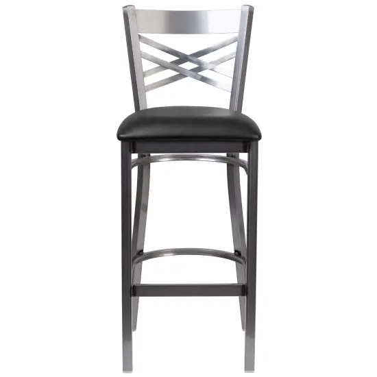 Emma and Oliver 2 Pack Clear Coated "X" Back Metal Restaurant Barstool BlackVYL/ClearCoated {2}