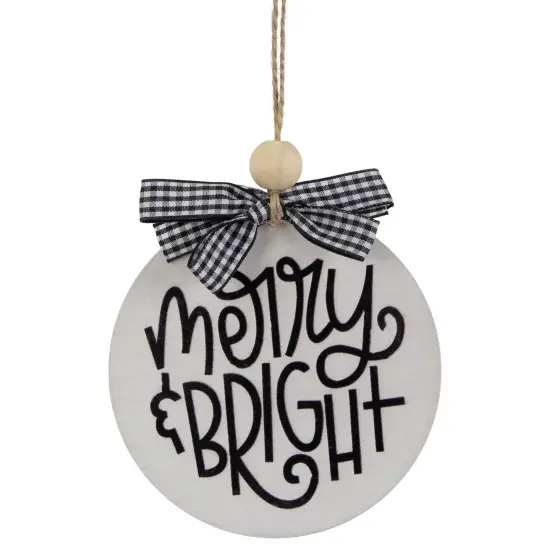 Northlight Wooden "Merry & Bright" Disc Christmas Ornament with Plaid Bow - 4" - Black and White {1}