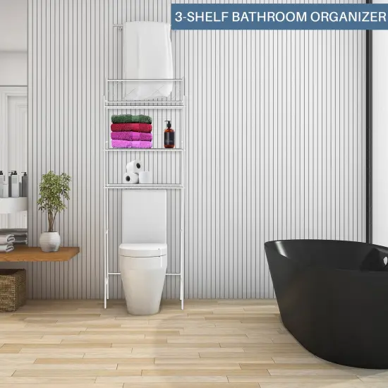 J&V TEXTILES 3-Shelf Metal Bathroom Organizer Over The Toilet, Bathroom Space Saver Silver {4}