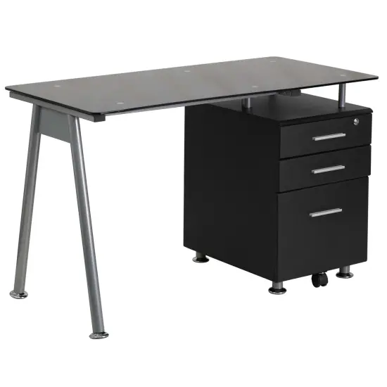 Emma and Oliver Computer Desk with Tempered Glass Top and Three Drawer Pedestal Black {1}