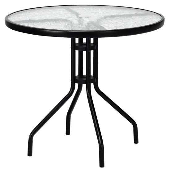 32 Inch Outdoor Patio Round Tempered Glass Top Table with Umbrella Hole {1}