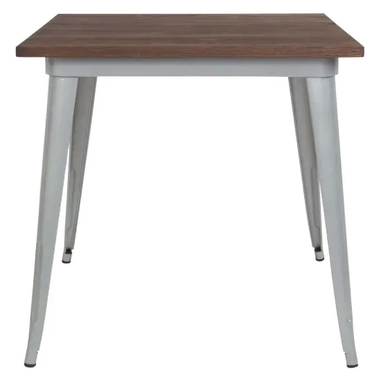 Merrick Lane Modern 31.5" Square Metal Table with Rustic Wood Top for Indoor Use Black {10}