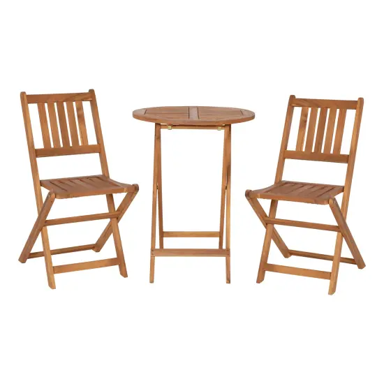 Merrick Lane Stora Three Piece Solid Acacia Wood Folding Patio Bistro Set with Lightweight Round Table and Two Chairs Natural {1}