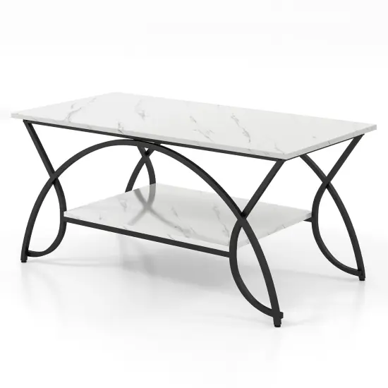 2-Tier Faux Marble Coffee Table with Marble Top and Metal Frame-Black & White Black & White {4}