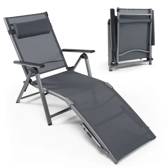 Costway Patio Folding Aluminum Lounge Chair Chaise Adjustable Back Armrest Headrest {2}