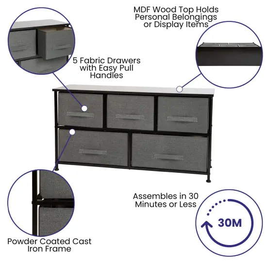 Emma and Oliver 5 Drawer Storage Chest with Wood Top & Dark Fabric Pull Drawers Black/Gray {2}