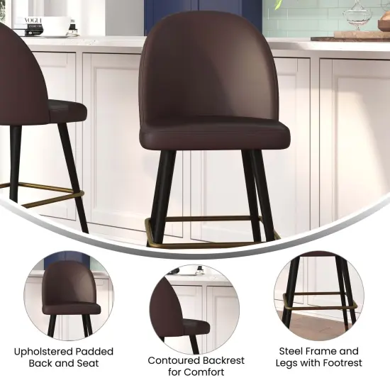 Merrick Lane Teague Set of 2 Modern Armless Barstools with Contoured Backs, Steel Frames, and Integrated Footrests Black LeatherSoft {7}