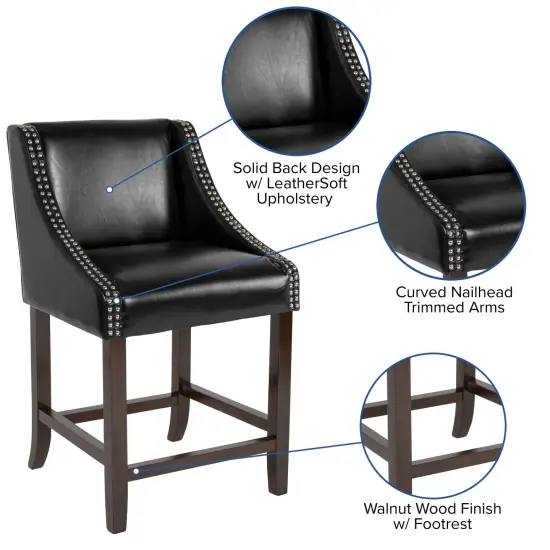 Merrick Lane Taylorsville 24 Inch Counter Height Stool with Nailhead Trim Black LeatherSoft {2}